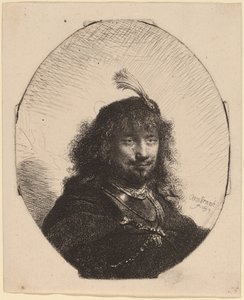 Autoportrét (?) s opeřenou čepicí a spuštěnou šavlí od Rembrandt van Rijn