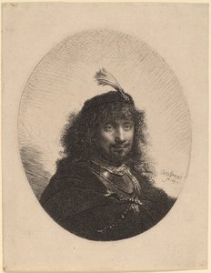 Autoportrét (?) s opeřenou čepicí a spuštěnou šavlí od Rembrandt van Rijn