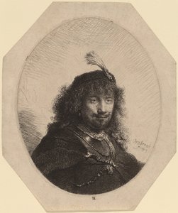 Autoportrét (?) s opeřenou čepicí a spuštěnou šavlí od Rembrandt van Rijn