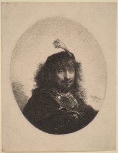 Autoportrét () s čepicí s pérem a spuštěnou šavlí od Rembrandt van Rijn