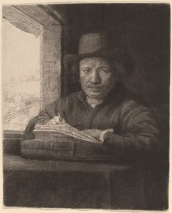 Kresba autoportrétu v okně od Rembrandt van Rijn