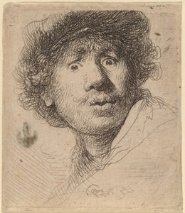 Autoportrét v čepici, s otevřenými ústy od Rembrandt van Rijn