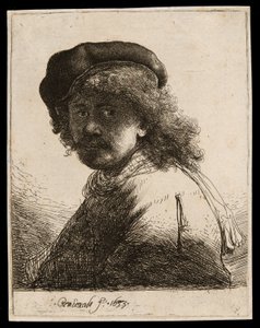 Autoportrét v čepici a šátku s tmavým obličejem: Poprsí od Rembrandt van Rijn