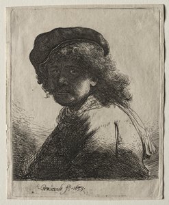 Autoportrét v čepici a šátku s tmavým obličejem: Poprsí od Rembrandt van Rijn