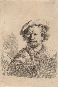 Autoportrét v ploché čepici a vyšívaných šatech, c. 1642. od Rembrandt van Rijn
