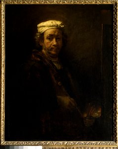Autoportrét u stojanu. Obraz Rembrandta Harmenszoon van Rijn dit Rembrandt (1606-1669) Ec. Dutý. od Rembrandt van Rijn