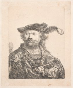 Autoportrét v sametové čepici a chocholu, s vyšívanými šaty: poprsí od Rembrandt van Rijn