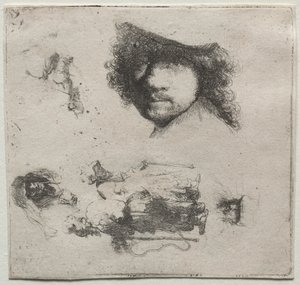 Studijní list: Autoportrét, žebrácký pár atd. od Rembrandt van Rijn