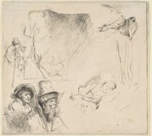 List studií s nemocnou ženou v posteli atd., ca. 164142. od Rembrandt van Rijn
