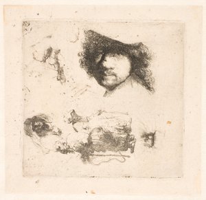 List studií: hlava Rembrandta, žebrácká dvojice, hlavy starce a stařeny atd. od Rembrandt van Rijn