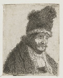 Série studií mužské hlavy: starý muž v kožichu a vysoké čepici od Rembrandt van Rijn