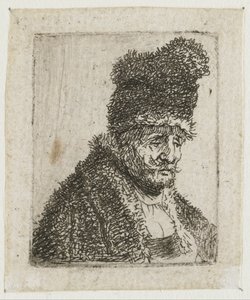 Série studií mužské hlavy: starý muž v kožichu a vysoké čepici od Rembrandt van Rijn