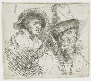 List s kresbami, na kterém leží nemocná žena v posteli: poprsí dvou mužských postav od Rembrandt van Rijn