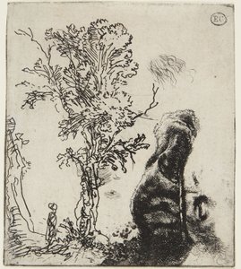 List se dvěma studiemi: Strom a horní část autoportrétu s sametovou čepicí od Rembrandt van Rijn