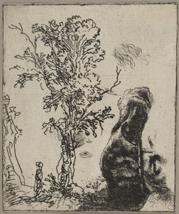 List se dvěma studiemi: Strom a horní část hlavy Rembrandta na sobě Vel..., ca. 1642. od Rembrandt van Rijn