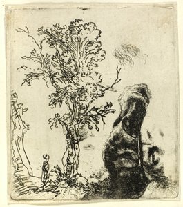 List se dvěma studiemi: Strom a horní část hlavy umělce v sametové čepici od Rembrandt van Rijn