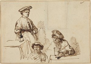 Náčrtky z hospody: Stojící žena a dva sedící muži od Rembrandt van Rijn