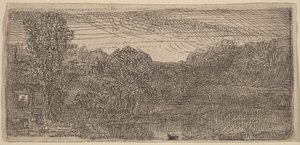 Malá šedá krajina: dům a stromy u bazénu od Rembrandt van Rijn