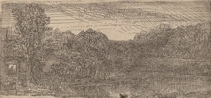 Malá šedá krajina: dům a stromy vedle bazénu, c. 1640. od Rembrandt van Rijn