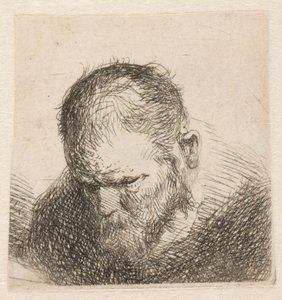 Malá busta vousatého muže, který sklání hlavu a má téměř zavřené oči od Rembrandt van Rijn
