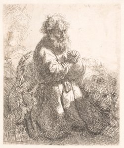 Svatý Jeroným klečí v modlitbě a dívá se dolů od Rembrandt van Rijn
