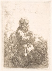Svatý Jeroným klečí v modlitbě a dívá se dolů od Rembrandt van Rijn