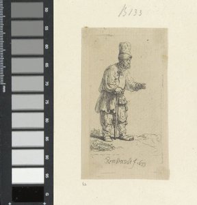 Stojící farmář s vysokou pokrývkou hlavy, opírající se o hůl Recueil de quatre-vingt-cinq estampes originales (název série) od Rembrandt van Rijn