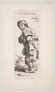 Stojící venkovan otočený doleva a postava s holí v pozadí „Tis vinnich Kout“ od Rembrandt van Rijn