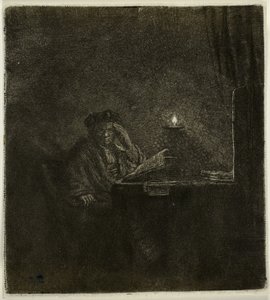 Student u stolu při svíčkách od Rembrandt van Rijn
