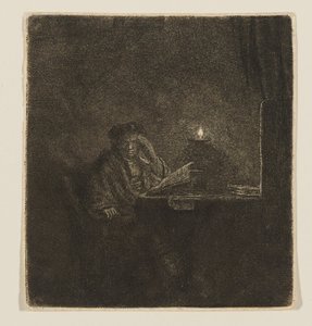 Student u stolu při svíčkách od Rembrandt van Rijn