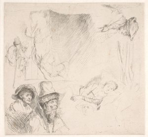 Studieblad, včetně ženy upoutané na lůžko od Rembrandt van Rijn