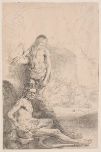 Studie aktů: jeden muž sedící a druhý stojící; v pozadí je lehce naznačena žena s dítětem od Rembrandt van Rijn