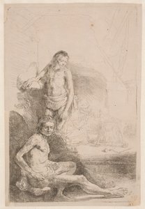 Studie aktů: jeden muž sedící a druhý stojící; v pozadí je lehce naznačena žena s dítětem od Rembrandt van Rijn