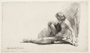 Studie podle aktu (Muž sedící na zemi) (Bartsch 196, druhý ze dvou tisků; H. 221; Muntz 137 II) od Rembrandt van Rijn