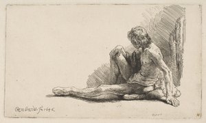 Studie z Nude: Muž sedící na zemi, s jednou nohou prodlouženou, 1646. od Rembrandt van Rijn