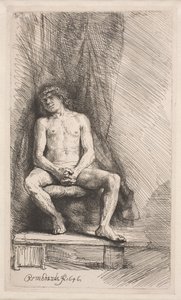Studie podle aktu: sedící muž před závěsem od Rembrandt van Rijn