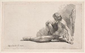 Studie podle aktu: muž sedící na zemi s jednou nohou nataženou od Rembrandt van Rijn