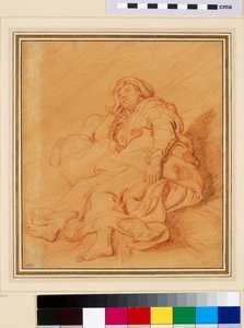 Studie postavy Ráchel, kolem roku 1621 (červená křída s černou a bílou křídou na oranžovém připraveném papíře) od Rembrandt van Rijn