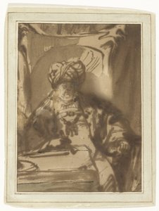Herec Willem Bartholsz Ruyter v roli krále Ahasvera na trůnu od Rembrandt van Rijn