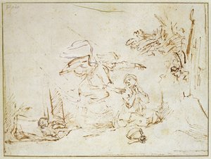 Anděl se zjevuje Hagar a Ismaelovi v divočině (pero a hnědý inkoust s tělovou barvou na papíře) od Rembrandt van Rijn