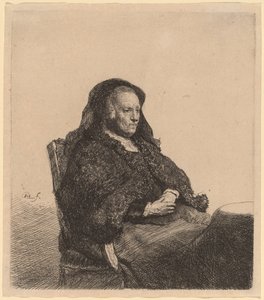 Umělcova matka sedí u stolu a dívá se správně od Rembrandt van Rijn