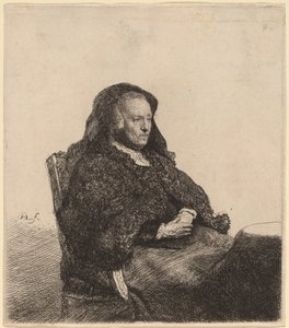 Umělcova matka sedí u stolu a dívá se správně od Rembrandt van Rijn