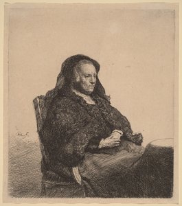 Matka umělce sedící u stolu, pohled doprava od Rembrandt van Rijn