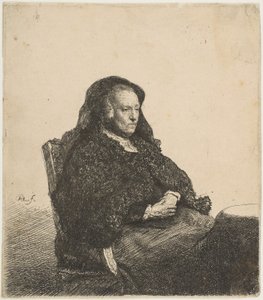 Matka umělkyně sedí u stolu a dívá se správně: Délka tří čtvrtin, ca. 1631. od Rembrandt van Rijn