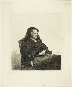 Umělcova matka sedící u stolu a dívající se doprava: Tři čtvrtiny délky od Rembrandt van Rijn