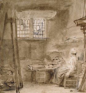 Umělcův ateliér, 1659 (pero a dva odstíny hnědé tuše, šedohnědá lazura, několik oprav bílou barvou) od Rembrandt van Rijn