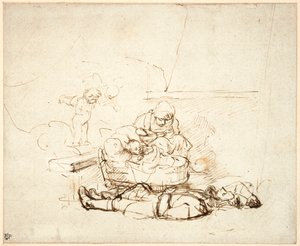 Svatá rodina spí, s anděly, 1645 (pero a inkoust s kvašem na papíře) od Rembrandt van Rijn