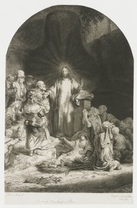 Tisk „Sto guldenů“: ústřední motiv s kázajícím Kristem, deska má obloukový tvar od Rembrandt van Rijn