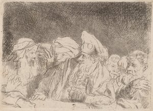 Farizeové diskutující o fragmentu z tisku sta guldenů, c. 1649. od Rembrandt van Rijn