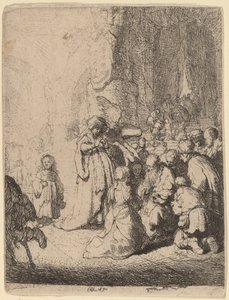 Prezentace v chrámu s andělem: Malý talíř od Rembrandt van Rijn
